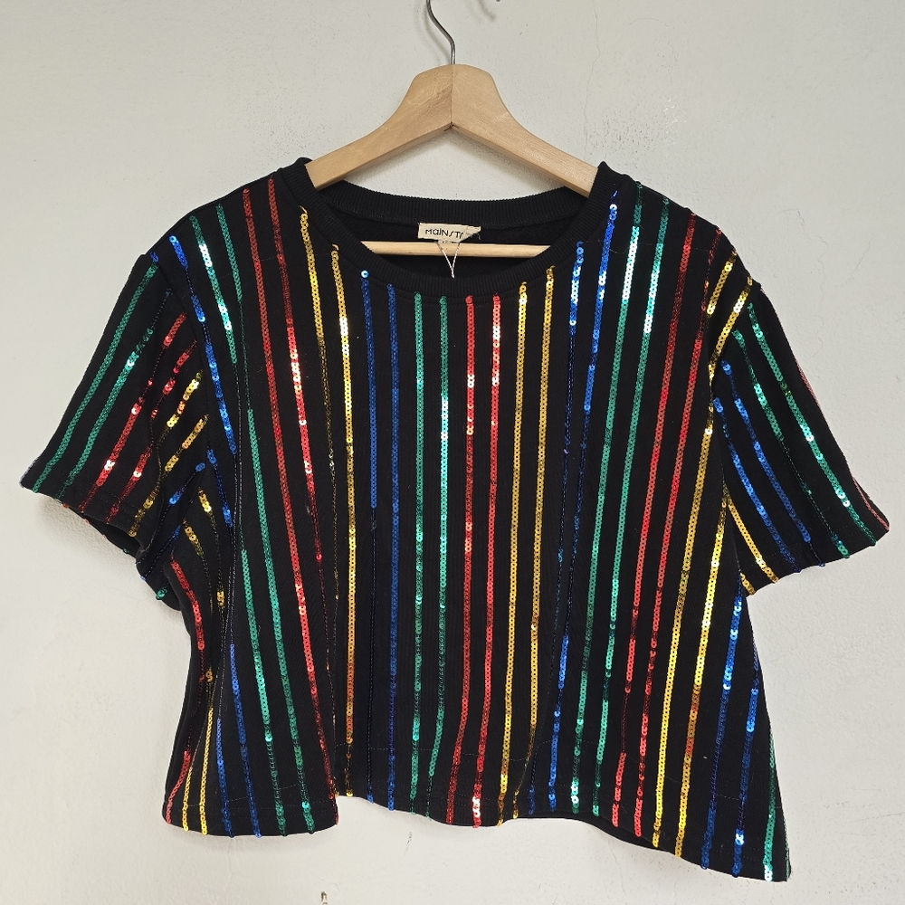 Mainstrip Black Multicolor Sequin Stripe Boxy Cropped Top Size M Party Shirt - Picture 3 of 11